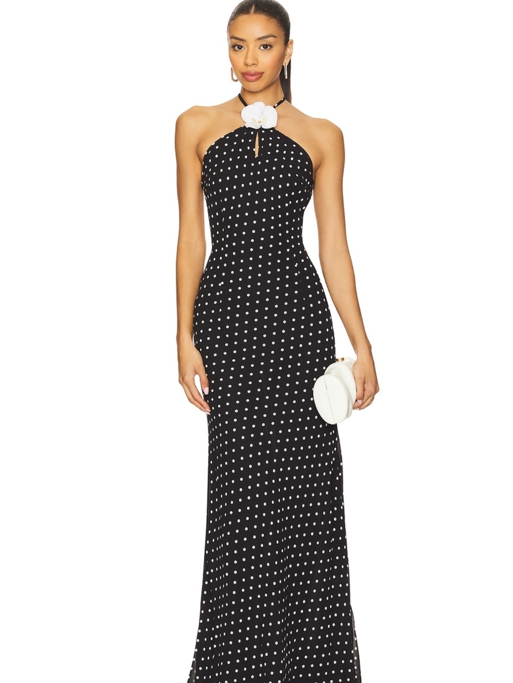 Polka Dot Halter Maxi Dress with Floral Collar Accent - Black